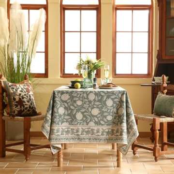 ISAENNE Grayish Green Square Tablecloth,Linen Table Cloth with Light White Flowers Pattern,Heavy Durable Table Cover for Dining Thanksgiving Kitchen Decor Party Banquet Christmas,55"*55"