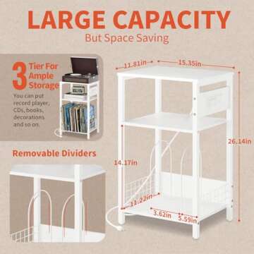 Yoobure Record Player Stand, 3-Tier White Side Table with Charging Station, Small End Table Nightsta...