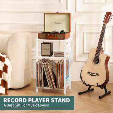 Yoobure Record Player Stand, 3-Tier White Side Table with Charging Station, Small End Table Nightstand with Vinyl Storage, Tall Beside Tables Turntable Stand for Album CD, Night Stand for Living Room