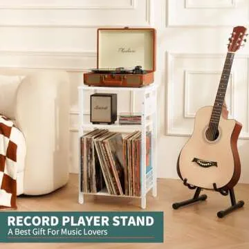 Yoobure Record Player Stand, 3-Tier White Side Table with Charging Station, Small End Table Nightstand with Vinyl Storage, Tall Beside Tables Turntable Stand for Album CD, Night Stand for Living Room