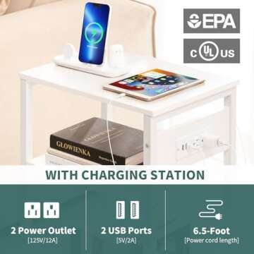 Yoobure Record Player Stand, 3-Tier White Side Table with Charging Station, Small End Table Nightstand with Vinyl Storage, Tall Beside Tables Turntable Stand for Album CD, Night Stand for Living Room