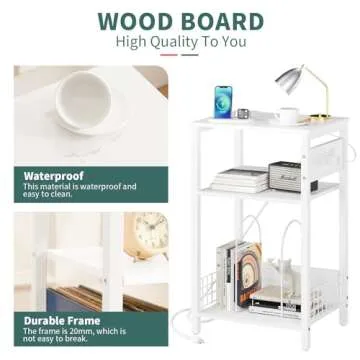 Yoobure Record Player Stand, 3-Tier White Side Table with Charging Station, Small End Table Nightstand with Vinyl Storage, Tall Beside Tables Turntable Stand for Album CD, Night Stand for Living Room