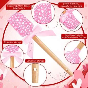 3 Pcs Valentine‘s Day Silicone Spatulas with Wooden Handles Valentine Pattern Heat Resistant Baking Silicone Spatulas with Pink Satin Ribbon Bows for Baking, Cooking and Sauteing
