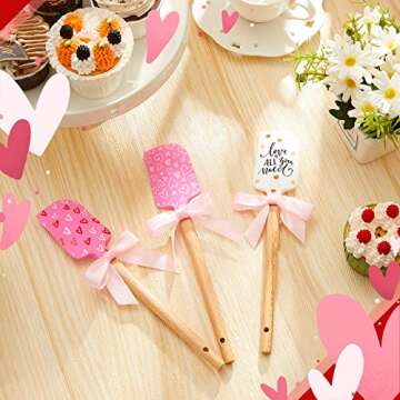 3 Pcs Valentine‘s Day Silicone Spatulas with Wooden Handles Valentine Pattern Heat Resistant Baking Silicone Spatulas with Pink Satin Ribbon Bows for Baking, Cooking and Sauteing