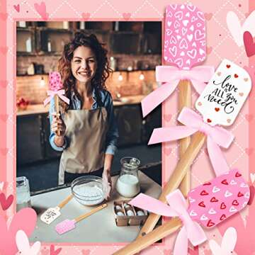 3 Pcs Valentine‘s Day Silicone Spatulas with Wooden Handles Valentine Pattern Heat Resistant Baking Silicone Spatulas with Pink Satin Ribbon Bows for Baking, Cooking and Sauteing