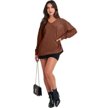 ANRABESS Oversized Long Sleeve Shirts for Women Off the Shoulder Sweatshirt Loose V Neck Tunic Tops High Low Sweater 2024 X-Large Caramel