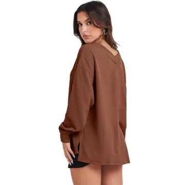 ANRABESS Oversized Long Sleeve Shirts for Women Off the Shoulder Sweatshirt Loose V Neck Tunic Tops High Low Sweater 2024 X-Large Caramel