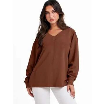 ANRABESS Oversized Long Sleeve Shirts for Women Off the Shoulder Sweatshirt Loose V Neck Tunic Tops High Low Sweater 2024 X-Large Caramel