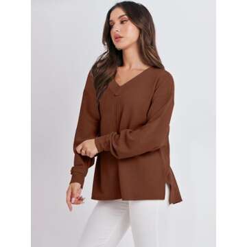 ANRABESS Oversized Long Sleeve Shirts for Women Off the Shoulder Sweatshirt Loose V Neck Tunic Tops High Low Sweater 2024 X-Large Caramel