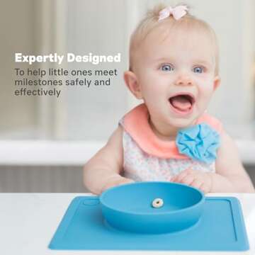 ezpz Mini Bowl for 12 Months+ (Blue) - 100% Silicone Suction Bowl with Built-in Placemat for Toddlers - Comes with a Reusable Travel Bag