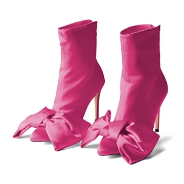 FSJ Women Chic Bowknot Pointed Toe Stiletto High Heel Ankle Boots Back Zipper Casual Walking Ladies ...