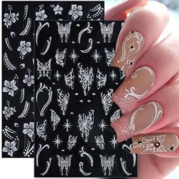 Glitter Nail Stickers for Nail Art Reflective Flame Butterfly Nail Decals Pink White Flower Nail Art...