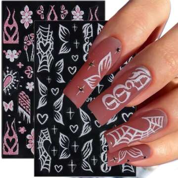 Glitter Nail Stickers for Nail Art Reflective Flame Butterfly Nail Decals Pink White Flower Nail Art Stickers for Nail Designs Star Heart Stickers for Nails French Tip Nail Stickers for Girls Women