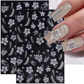 Glitter Nail Stickers for Nail Art Reflective Flame Butterfly Nail Decals Pink White Flower Nail Art Stickers for Nail Designs Star Heart Stickers for Nails French Tip Nail Stickers for Girls Women