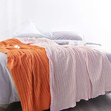 NTBAY 100% Pure Cotton Cable Knit Throw Blanket, Super Soft Warm 51x67 Knitted Throw Blanket for Couch, Sofa, Chair, Bed - Extra Cozy, Machine Washable, Comfortable Home Decor, Baby Pink