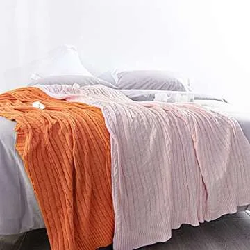 NTBAY 100% Pure Cotton Cable Knit Throw Blanket, Super Soft Warm 51x67 Knitted Throw Blanket for Couch, Sofa, Chair, Bed - Extra Cozy, Machine Washable, Comfortable Home Decor, Baby Pink