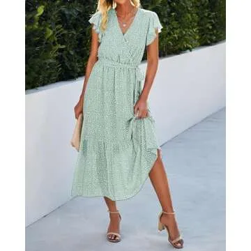 BTFBM Women Summer Bohemian Floral Casual Wrap V Neck Ruffle Cap Sleeveless Belt A-Line Pleated Hem Swing Midi Sun Dress (Light Green, Large)
