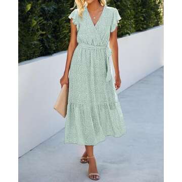 BTFBM Women Summer Bohemian Floral Casual Wrap V Neck Ruffle Cap Sleeveless Belt A-Line Pleated Hem Swing Midi Sun Dress (Light Green, Large)