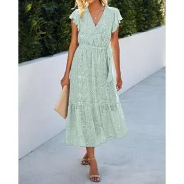 BTFBM Women Summer Bohemian Floral Casual Wrap V Neck Ruffle Cap Sleeveless Belt A-Line Pleated Hem Swing Midi Sun Dress (Light Green, Large)