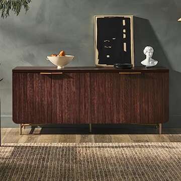 Walker Edison Lowen Contemporary Fluted-Door Sideboard, 69 Inch, Gold/Dark Walnut