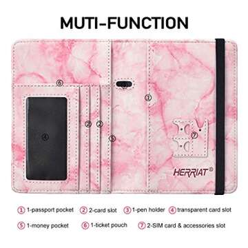 HerriaT Leather Passport Holder Cover Case RFID Blocking Marble Travel Wallets Card Case for Women Men(#1Marble Texture Pink)