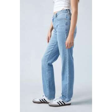 PacSun Asymmetrical Dad Jeans for Women, Medium Blue, Straight Leg Denim, High-Rise & Relaxed Fit, S...