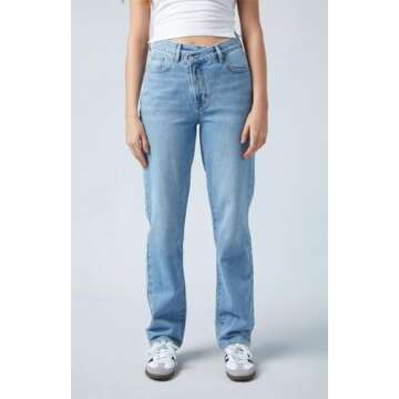 PacSun Asymmetrical Dad Jeans for Women, Medium Blue, Straight Leg Denim, High-Rise & Relaxed Fit, Size 23