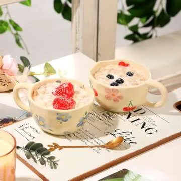 VanEnjoy Ceramic Cup, Cute Coffee Mug, Strawberry Mug, Aesthetic Coffee Mug, Retro Flower Mug, Ceramic Tea, 10oz/300ml for Tea Coffee, Milk and Oatmeal
