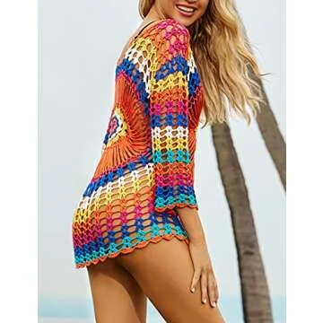 Bsubseach Rainbow Knitted Crochet Beach Cover Up Shirt Tunic Top Women Long Sleeve Hollow Out Bikini...