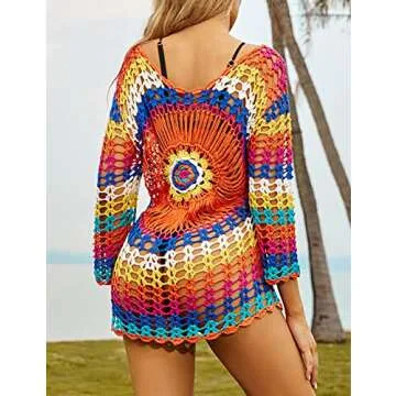 Rainbow Crochet Beach Cover Up Tunic for Women