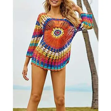 Rainbow Crochet Beach Cover Up Tunic for Women