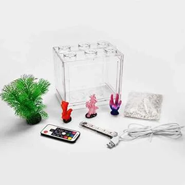 Oltraman Small Betta Fish Tank, Aquarium Tank Kit with LED Lighting, 0.6 Gallon Stackable Beta Fish Tank Set, Fish Bowl Accessories for Turtle Reptile Shrimp Crab Insects as Decoration