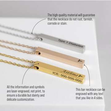 MIA·MIA Medical Alert Necklace for Women, Custom Stainless Steel Laser Engraved ID Emergency Awareness Prescription Jewelry for Diabetes, Allergy, Epilepsy & Medic Conditions (4-sided bar)