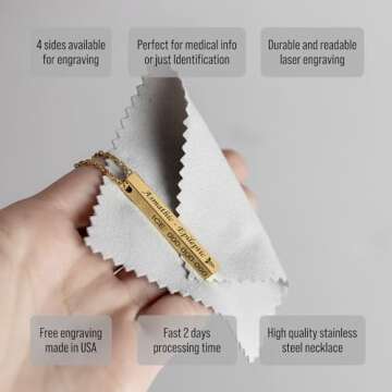 MIA·MIA Medical Alert Necklace for Women, Custom Stainless Steel Laser Engraved ID Emergency Awareness Prescription Jewelry for Diabetes, Allergy, Epilepsy & Medic Conditions (4-sided bar)