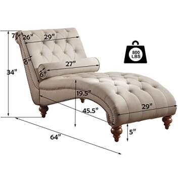 Rosevera Sereno Polyester Upholstered Button Tufting with Toss Pillow Chaise Lounge Chair for Indoor Bedroom, Standard, Linen Sand