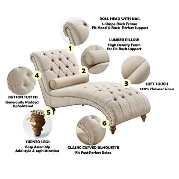 Rosevera Sereno Polyester Upholstered Button Tufting with Toss Pillow Chaise Lounge Chair for Indoor Bedroom, Standard, Linen Sand