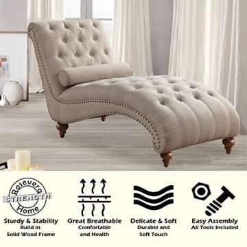 Rosevera Sereno Polyester Upholstered Button Tufting with Toss Pillow Chaise Lounge Chair for Indoor Bedroom, Standard, Linen Sand