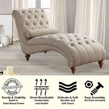 Rosevera Sereno Polyester Upholstered Button Tufting with Toss Pillow Chaise Lounge Chair for Indoor Bedroom, Standard, Linen Sand