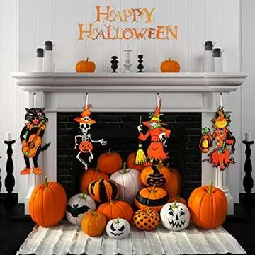 Vintage Halloween Party Decoration Jointed Figures Halloween Door Hangers Jointed Witch Pumpkin Skeleton Black Cat Paper Cutouts for Party Door Wall Ornaments