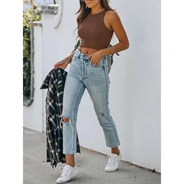 REORIA Women's Sexy Sleeveless High Neck Racerback Cropped Tank Tops Cute Teen Girls Halter Neck Crop Tops Vest Coffee Medium