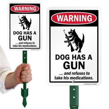 SmartSign 10" x 7" Funny 'Warning - Dog Has A Gun And Refuses To Take His Medications' LawnPuppy Yard Sign and 18 inch Stake Kit, 40 mil Laminated Aluminum, Red/Black/White, USA-Made