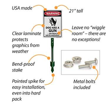 SmartSign 10" x 7" Funny 'Warning - Dog Has A Gun And Refuses To Take His Medications' LawnPuppy Yard Sign and 18 inch Stake Kit, 40 mil Laminated Aluminum, Red/Black/White, USA-Made