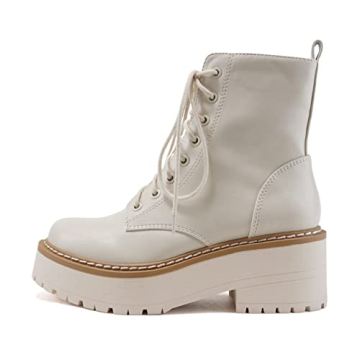 Soda FLING Women Chunky Lug Sole Lace up Fashion Combat Ankle Boot w/Side Zipper