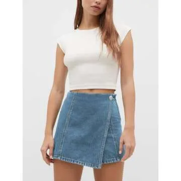 PLNOTME Women’s Denim Skorts - Asymmetrical High Waisted Criss Cross Jean Shorts