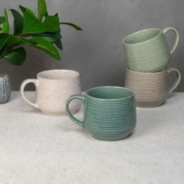 Sango Siterra Artist's Blend 17 oz. Stoneware Mug Set – Service for 4, Rustic Design, Assorted Colors, Scratch-Resistant, Microwave & Dishwasher Safe, for Everyday Dining & Entertainment