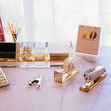 EXPUTRAN Acrylic & Gold Office Supplies Set, Acrylic Stapler, Tape Dispenser, Staple Remover, Desk Accessory for The Office or Home