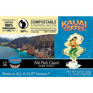 Kauai Coffee Na Pali Coast Dark Roast - Compatible with Keurig Pods K-Cup Brewers (1 Pack of 12 Single-Serve Cups)