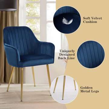 LSSPAID Velvet Dining Chairs Set of 4, Upholstered Modern Accent Living Room Chairs, Armchair with Gold Plating Legs, Blue