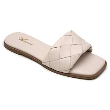 Athlefit Women's Braided Flat Sandals Square Open Toe Woven Slip On Slide Sandals Beige Size 7.5