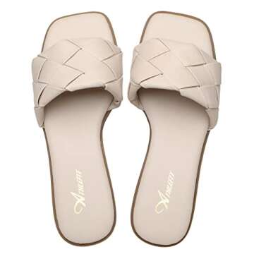Athlefit Women's Braided Flat Sandals Square Open Toe Woven Slip On Slide Sandals Beige Size 7.5